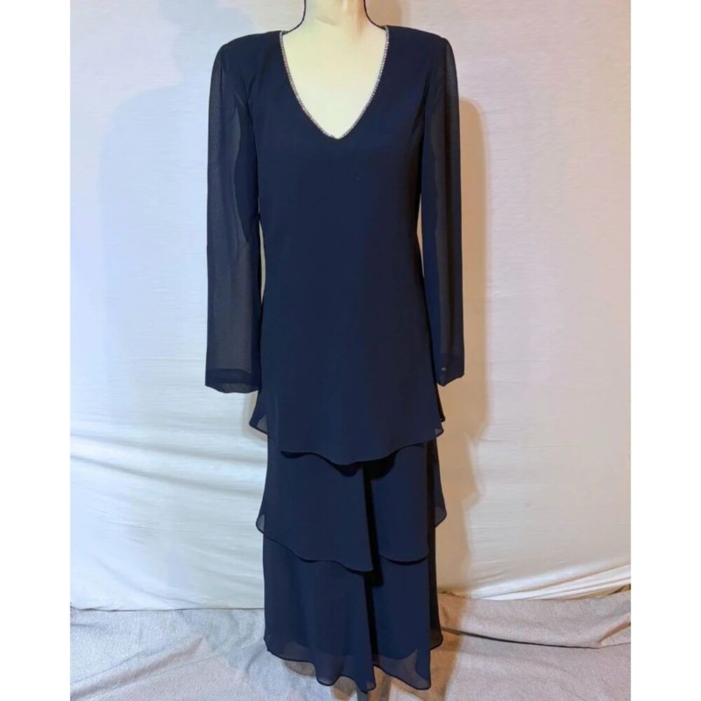Cattiva New York Navy Tiered Chiffon Dress Size 6 Rhinestone V Back Maxi